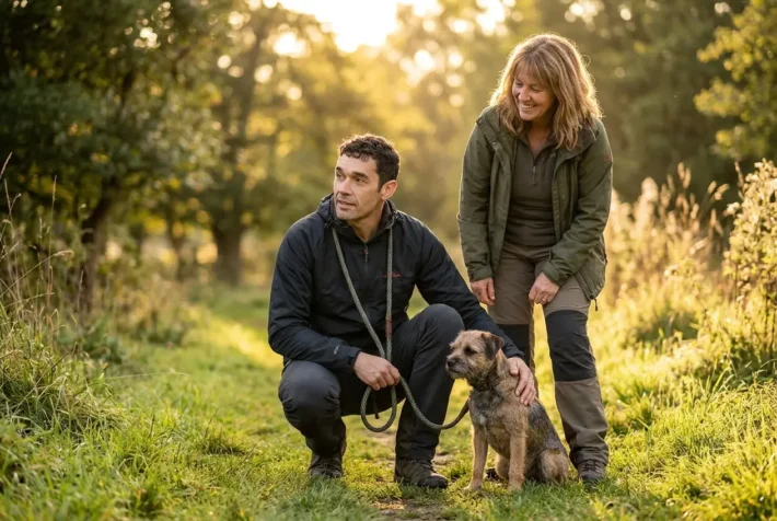 doggy dan helping a barking terrier on leash