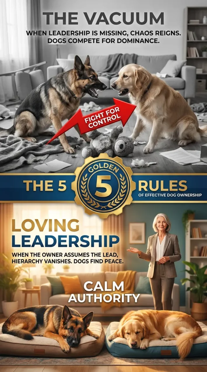 A vertical comparison image showing a leadership vacuum causing dog conflict versus loving leadership creating household peace and calm dog behavior.