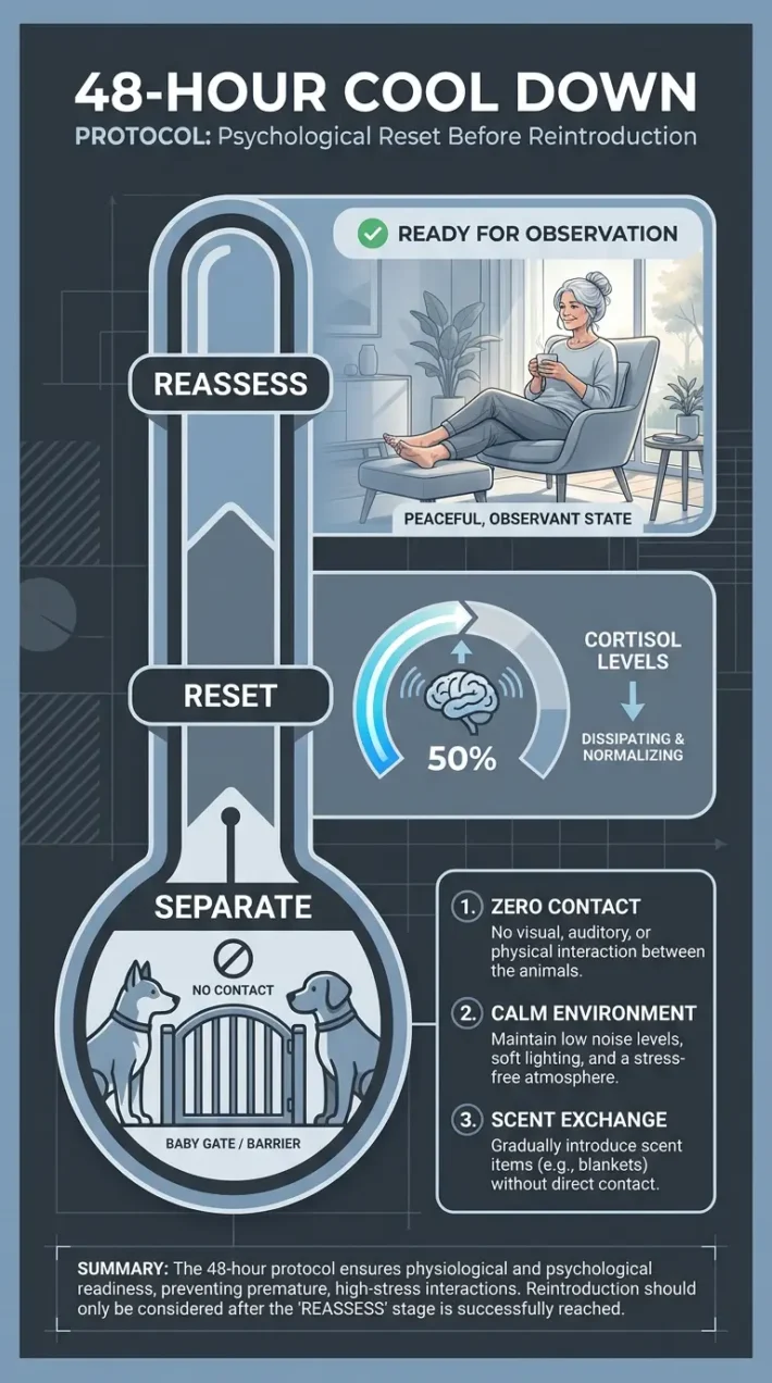 Infographic showing a 48-hour dog fight cool down protocol including separate zones, cortisol reset bars, and a three step safety reassessment guide.