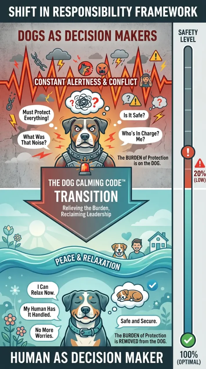 A comparison chart showing how shifting the role of decision-maker from the dog to the human leads to a calm household and prevents fighting.