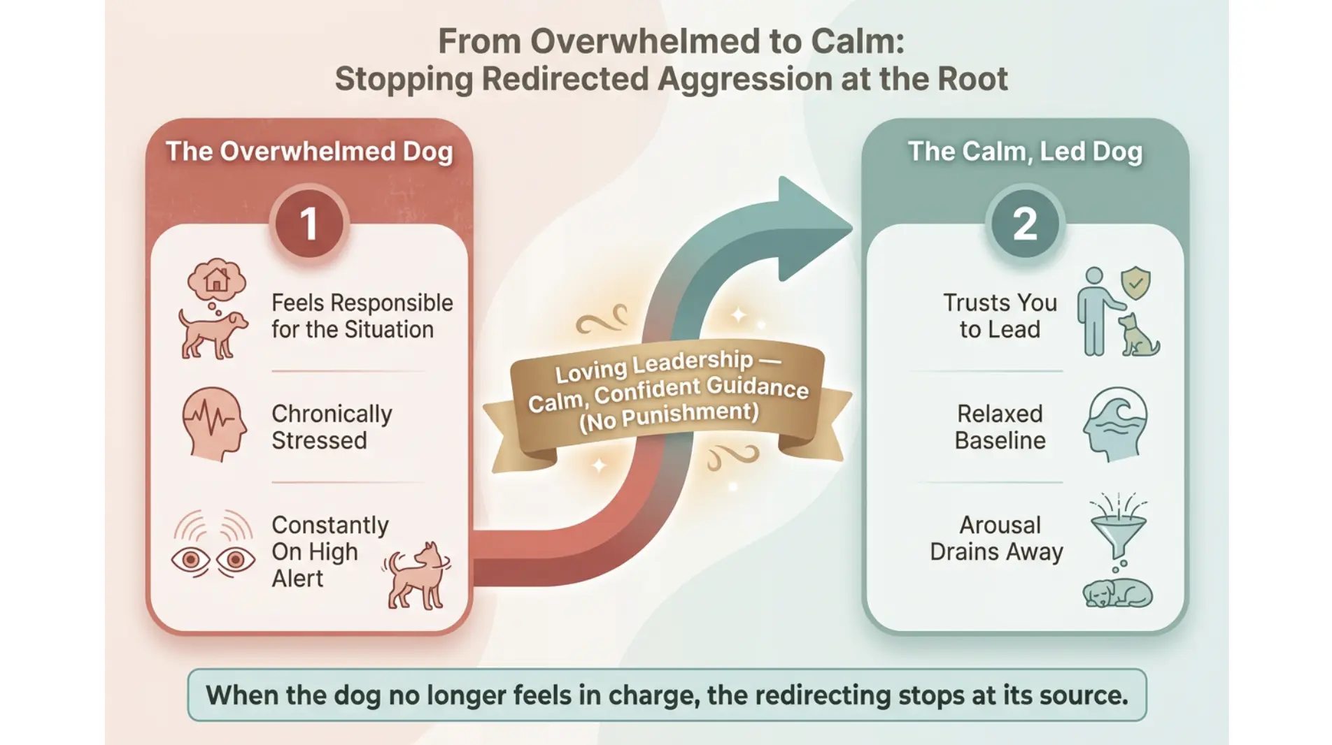 Transformation diagram showing how loving leadership shifts an overwhelmed, stressed dog into a calm, led dog to stop redirected aggression.