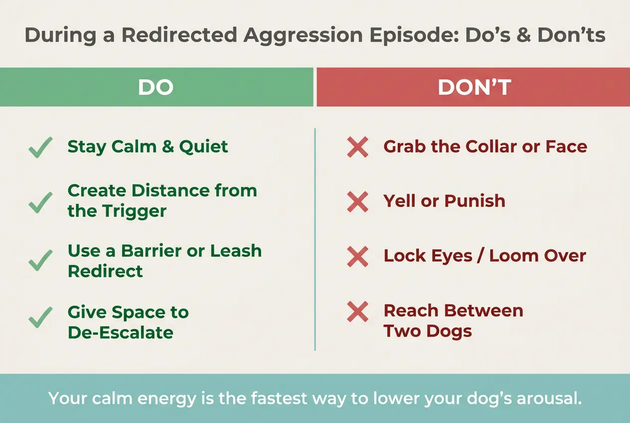 Do's and don'ts safety guide for handling a redirected aggression episode in dogs